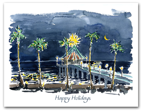 Manhattan Beach Pier Night Palm Trees Happy Holidays Larger