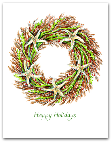 Medium Seaweed and Sea Star Wreath Happy Holidays Larger
