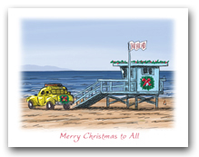 Lifeguard Tower on Beach HoHoHo Flag Wreath Merry Christmas To All Caption