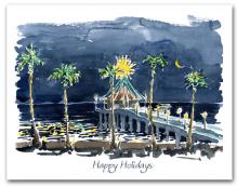 Manhattan Beach Pier Night Palm Trees Happy Holidays
